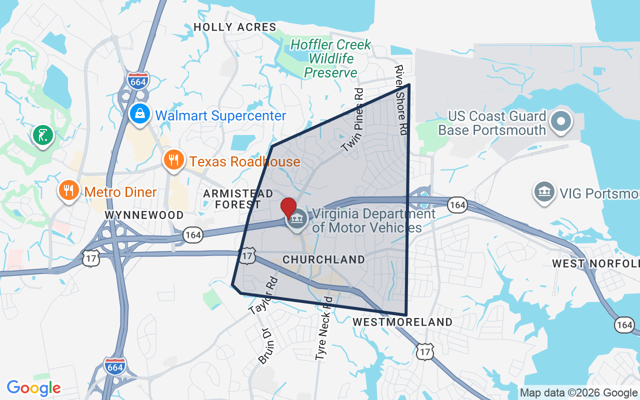 Map of Churchland with neighborhood boundary