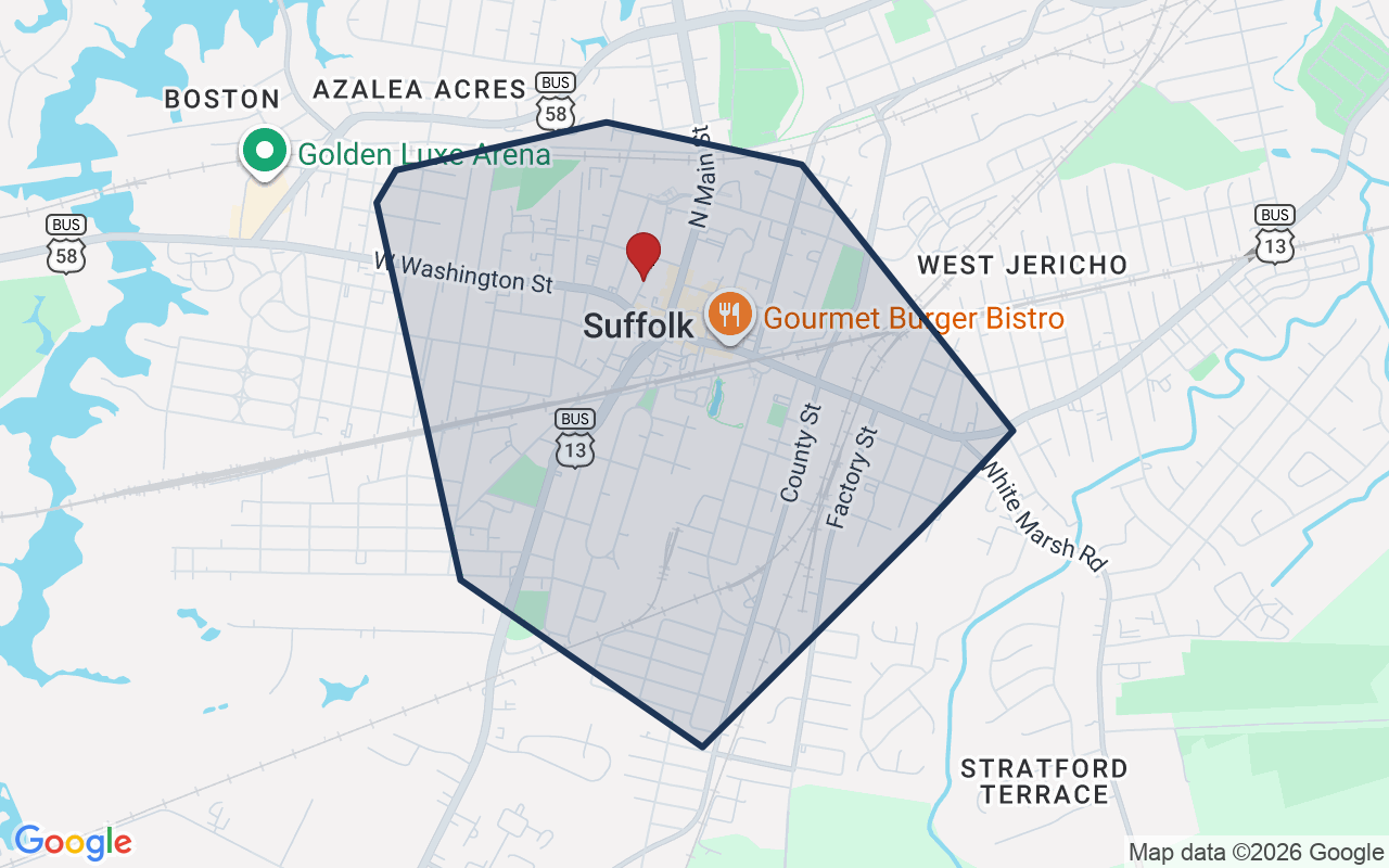 Map of Downtown Suffolk with neighborhood boundary