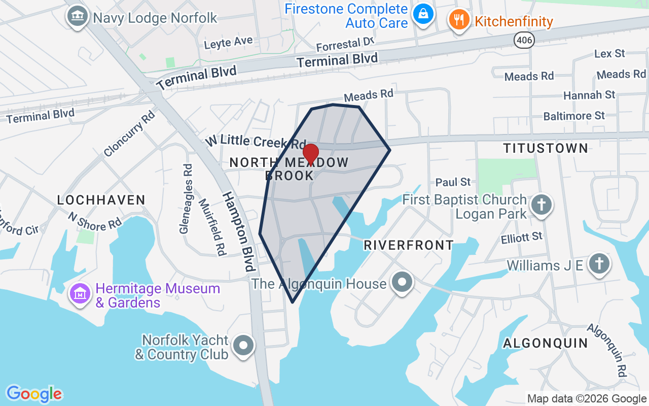 Map of Meadowbrook with neighborhood boundary