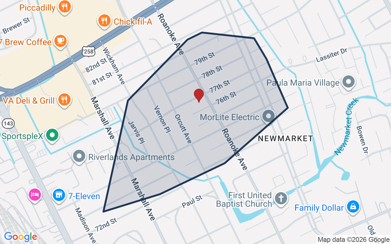 Map of Newmarket Village with neighborhood boundary