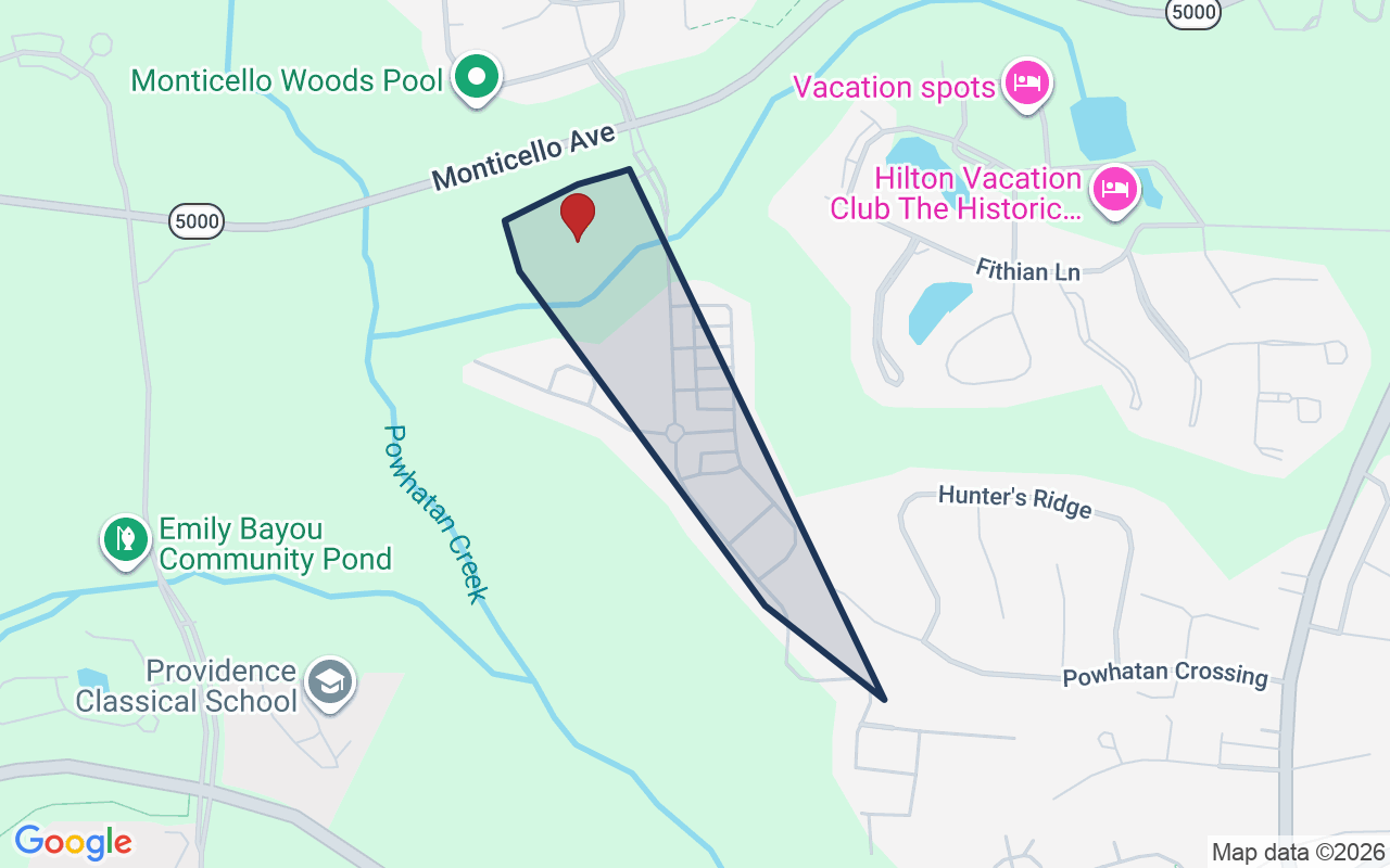 Map of The Settlement at Powhatan Creek with neighborhood boundary