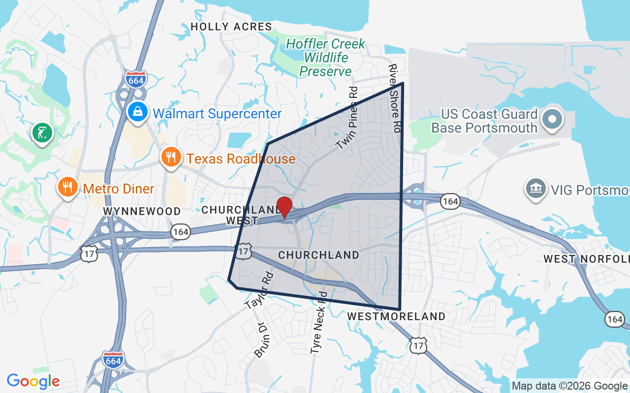Map of Churchland with neighborhood boundary