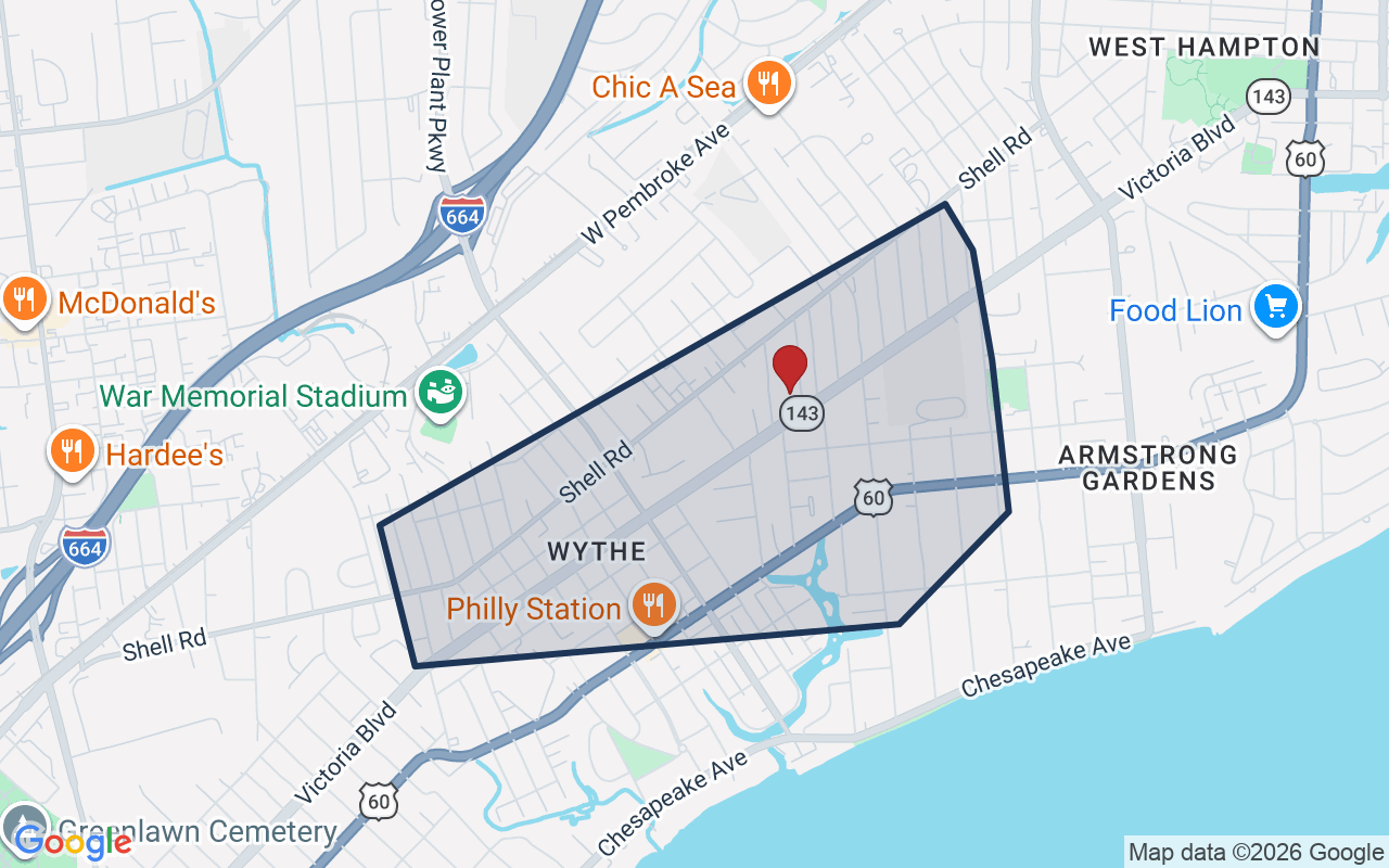 Map of Hampton Roads with neighborhood boundary
