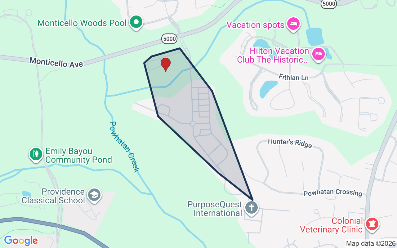 Map of The Settlement at Powhatan Creek with neighborhood boundary