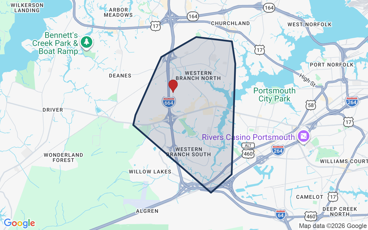 Map of Western Branch with neighborhood boundary